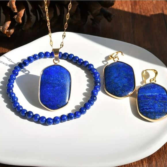 Lapis Lazuli Necklace Pendant Bracelet & Earrings Set - Picture 2 of 6